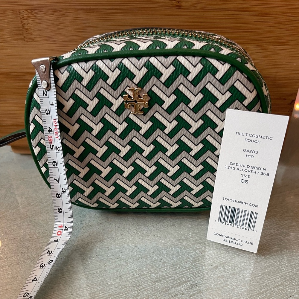 Tory Burch Green and White Cosmetic Case